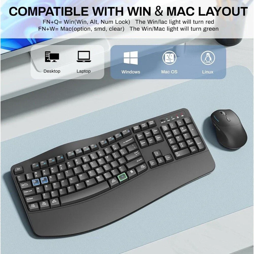 Wireless Keyboard and Mouse Combo,2.4G Full Size Wave Keys Ergonomic Keyboard
